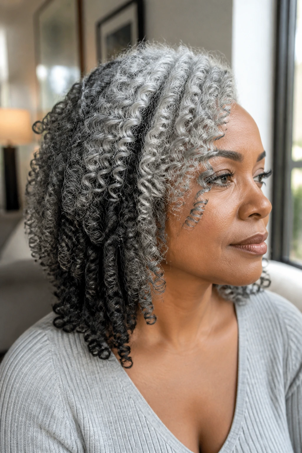 Portrait of a real person showing charcoal paneling in grey hair for bold contrast