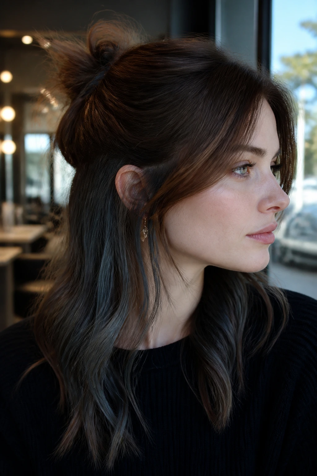 Close-up portrait showing charcoal peekaboo panels under chestnut hair on pale skin in a salon.