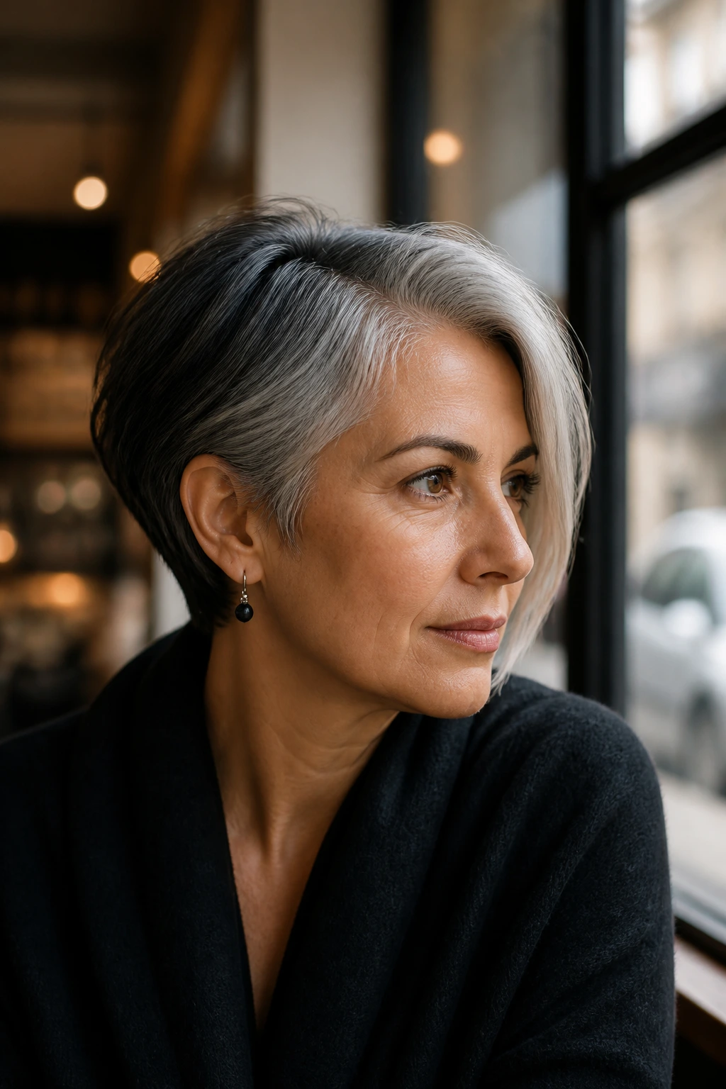 Close-up portrait of a real person with a charcoal-to-pearl pixie bob.