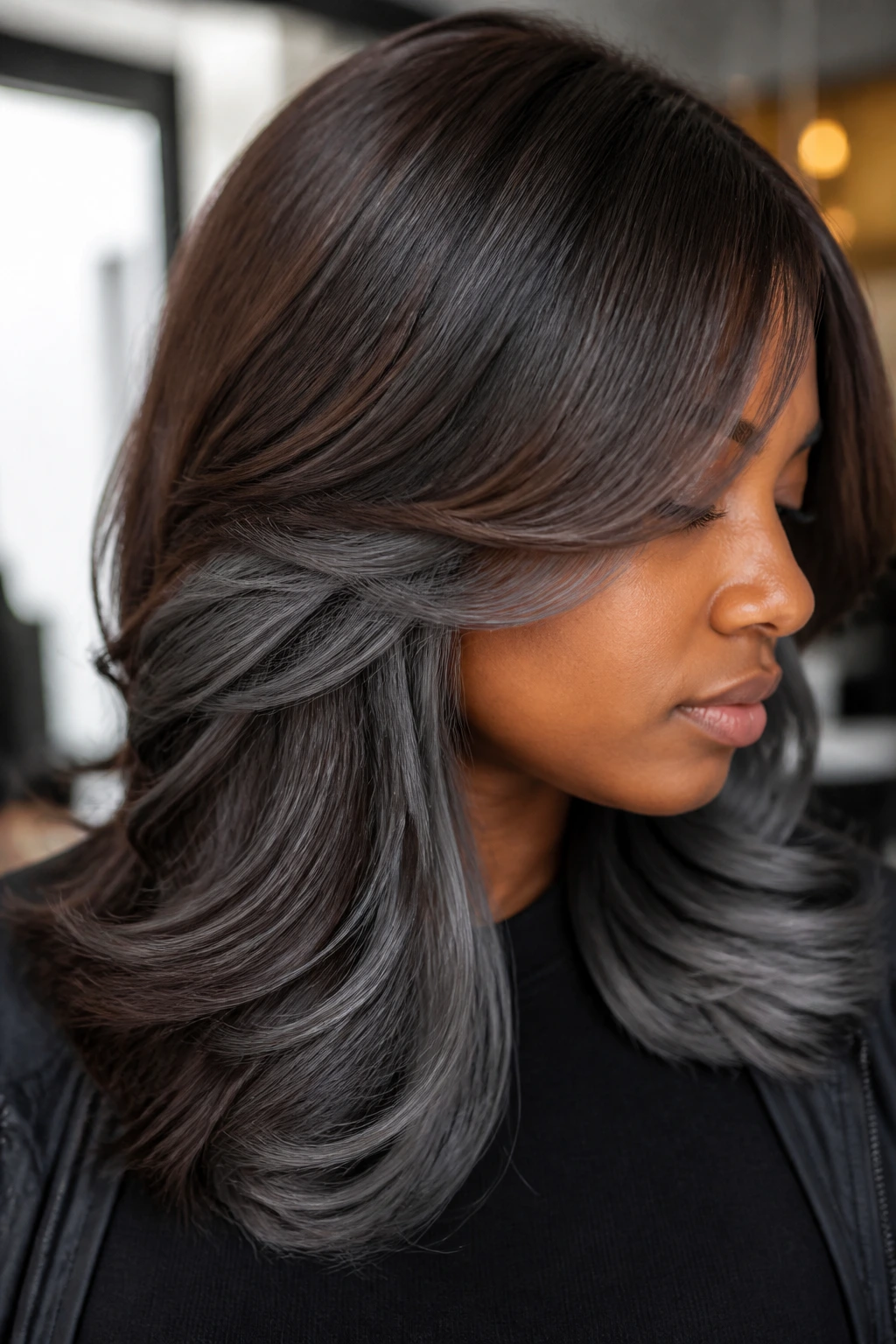 Close-up of a real person with charcoal peekaboo panels beneath brown hair in soft daylight