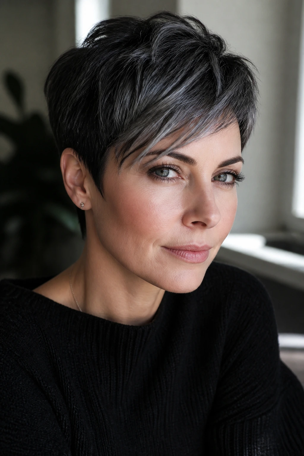 Portrait of woman with charcoal pixie crop in soft window light