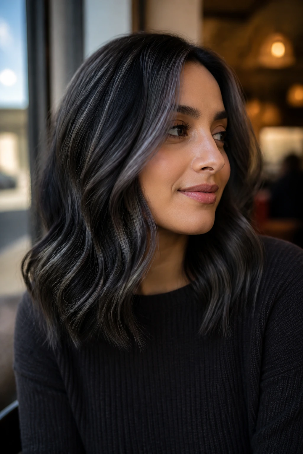 Portrait of a real woman with loose waves and charcoal ribbon highlights.