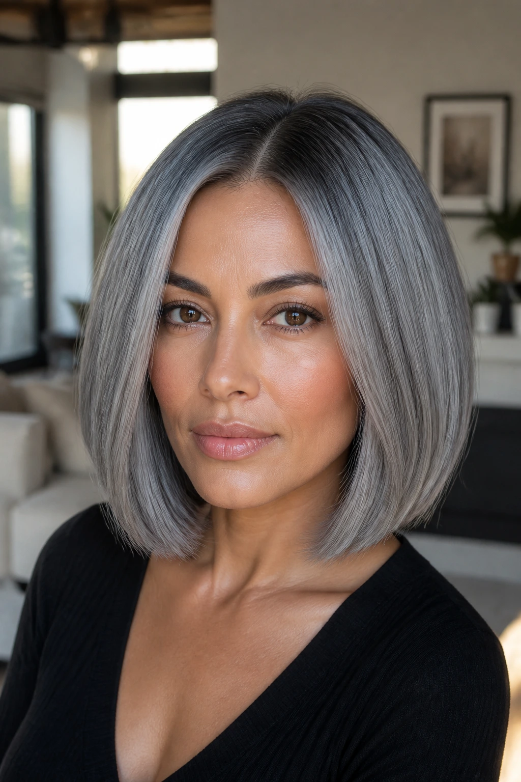 Real woman with charcoal root shadow on lob hairstyle