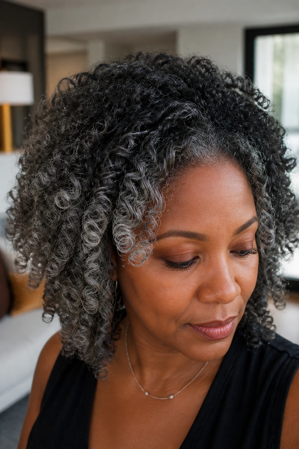 Close-up of a real person showing smoky charcoal root melt on dark natural curls