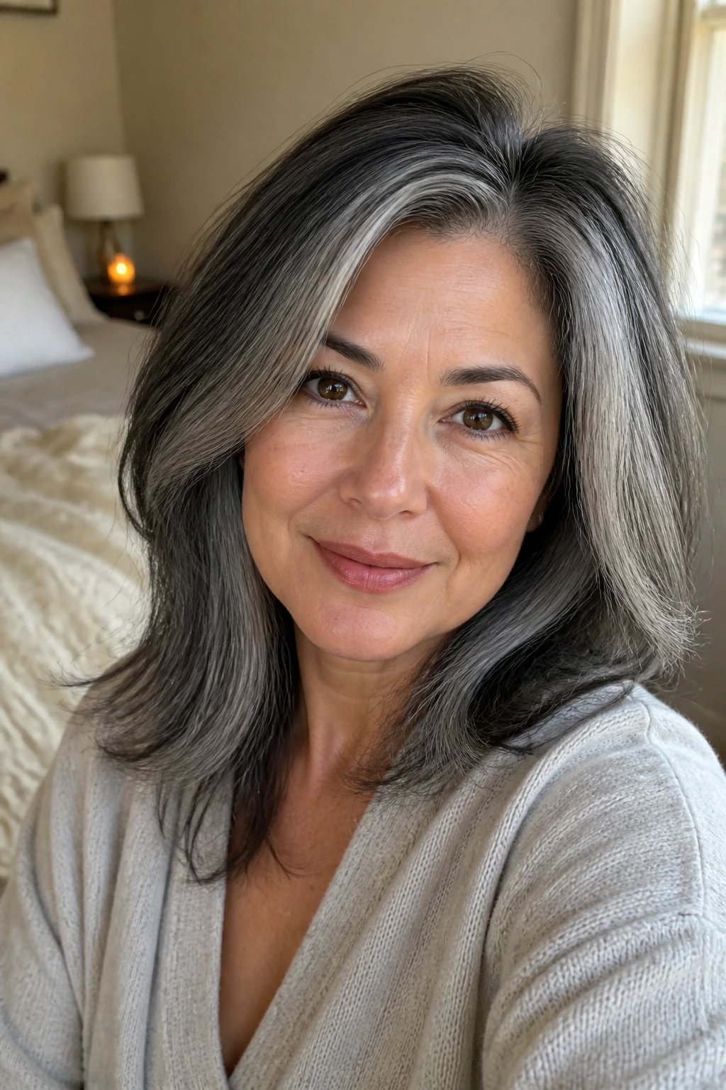 Close-up of hair with charcoal root shadow and subtle silver near the face