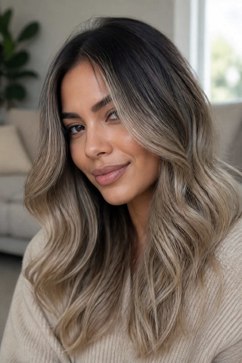 Close-up portrait of a real woman with charcoal shadow melt hair