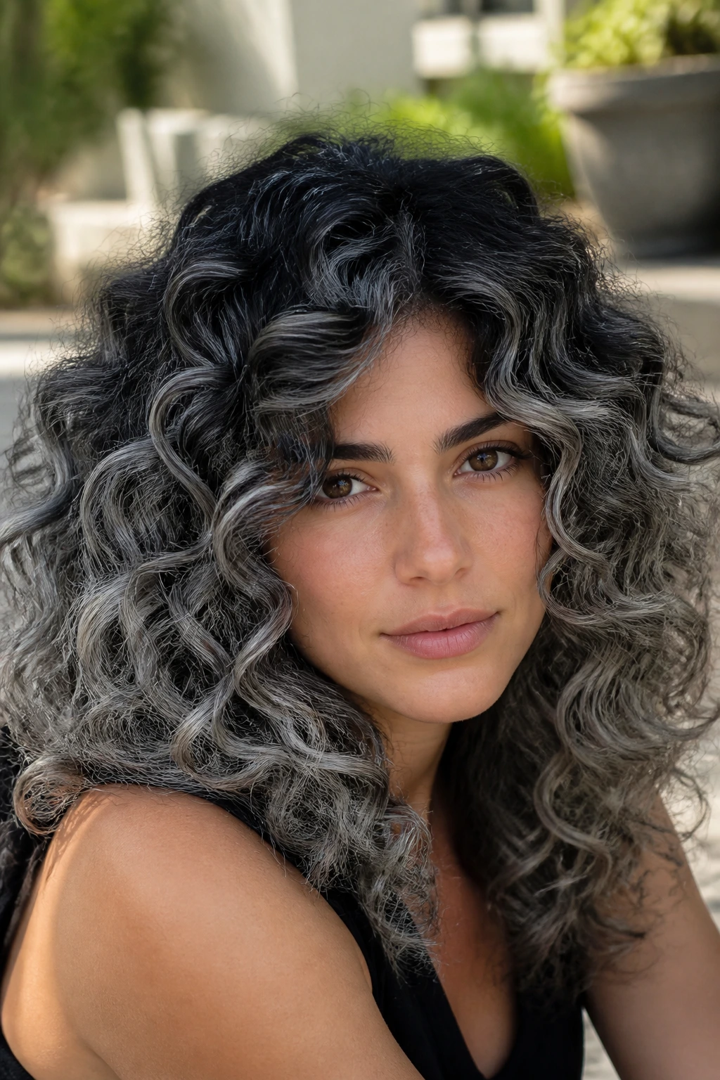 Close-up of curly hair with charcoal shadow root and silver highlights outdoors