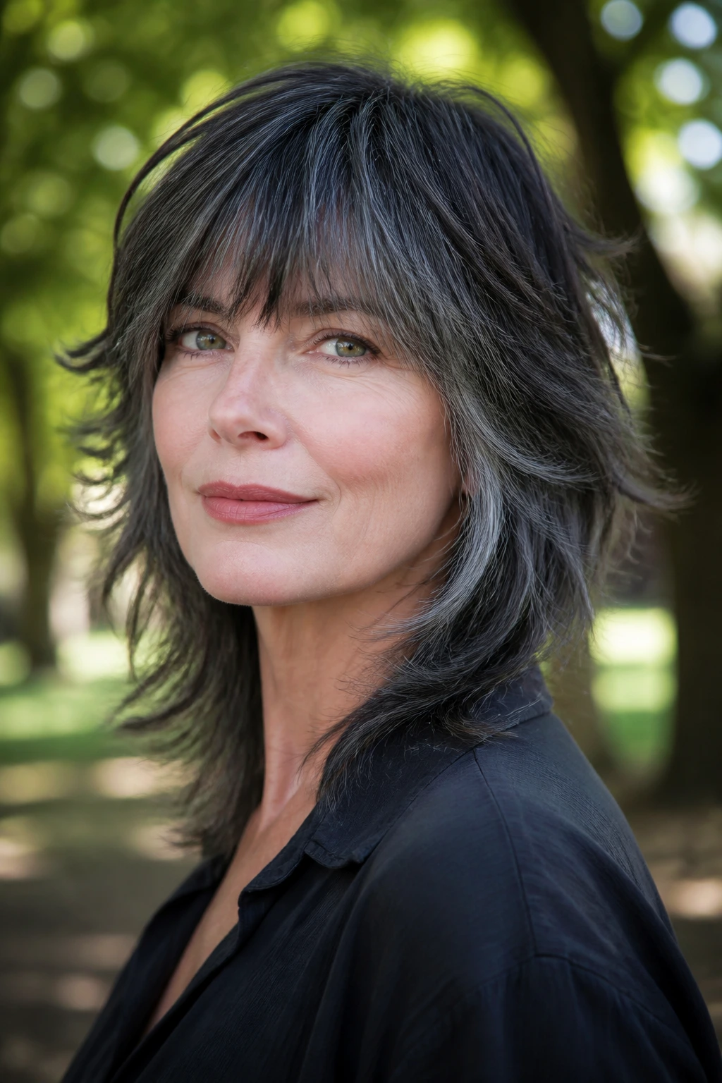 Portrait of a real person with charcoal shag and feathered fringe