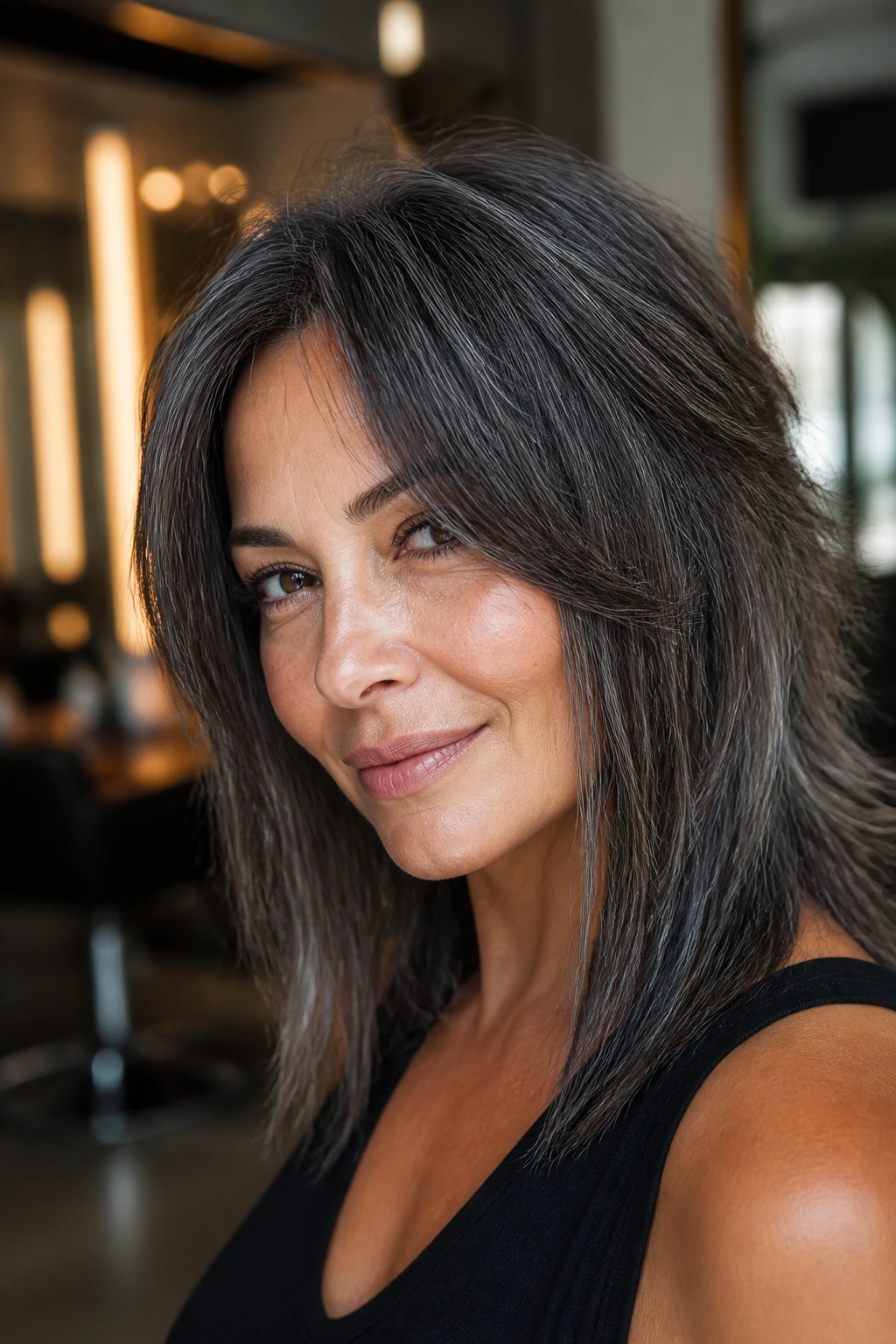 Portrait of a woman with a charcoal shag and longer front pieces.