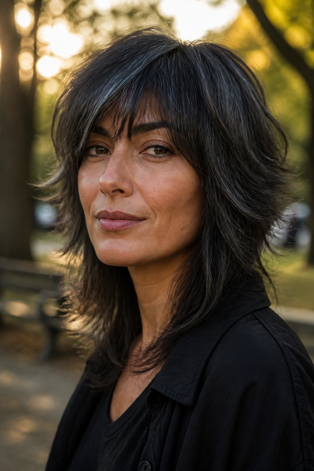 Olive-skinned person with charcoal shag and airy ends