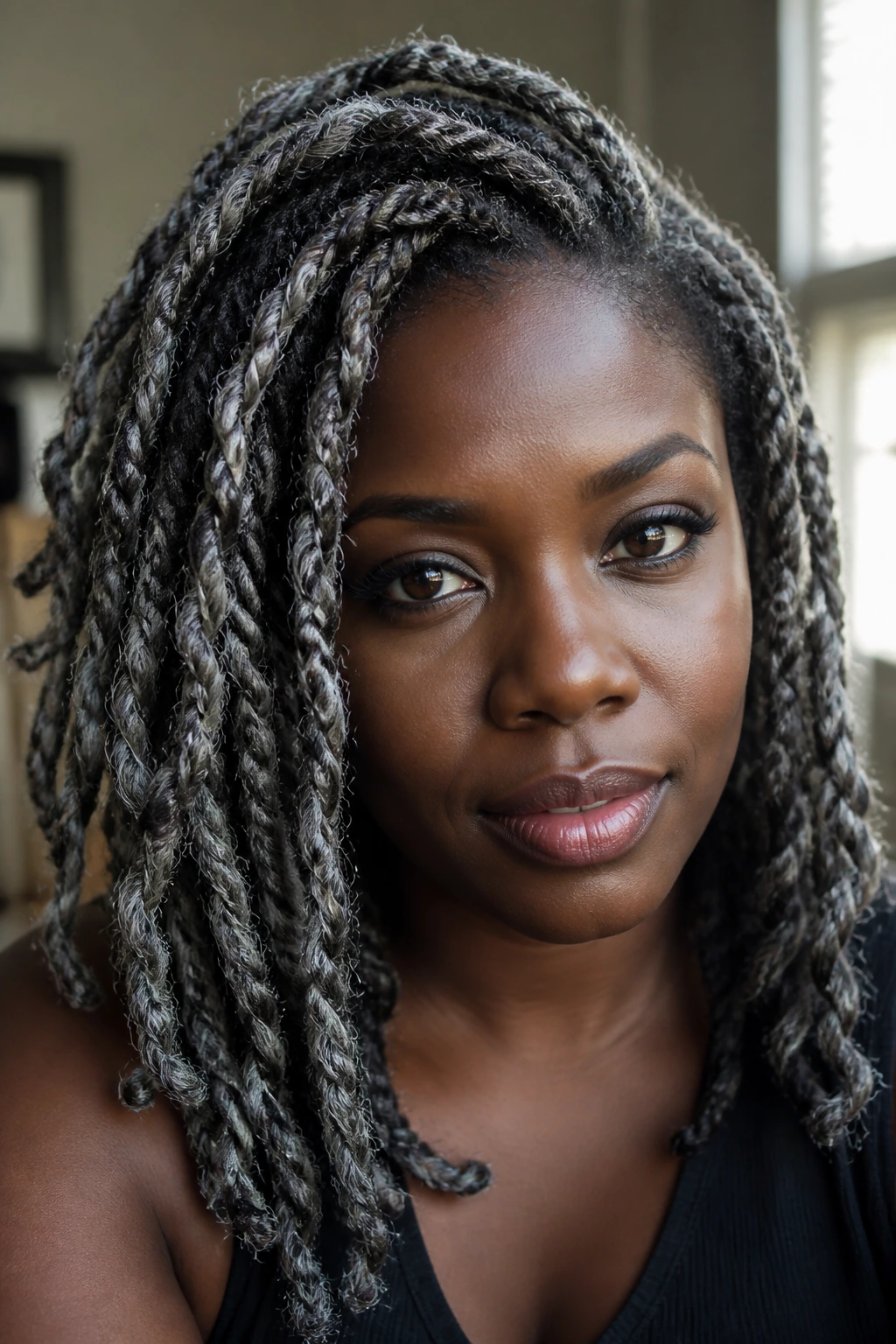 Close-up portrait of Marley Twists in Charcoal-Silver Blend on a real person, hair filling the frame.