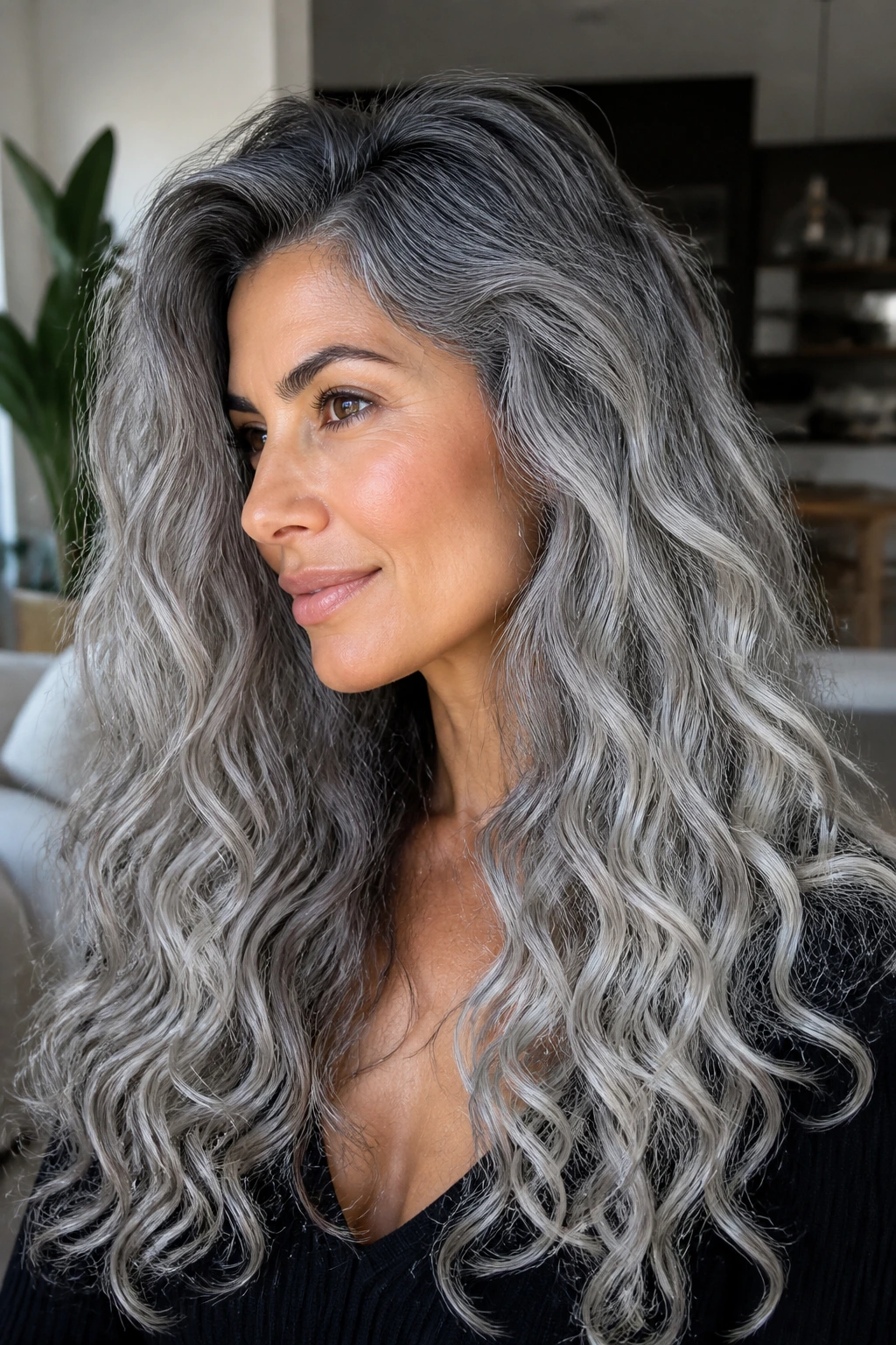 Olive-skinned person with charcoal roots fading to silver ends and long curls