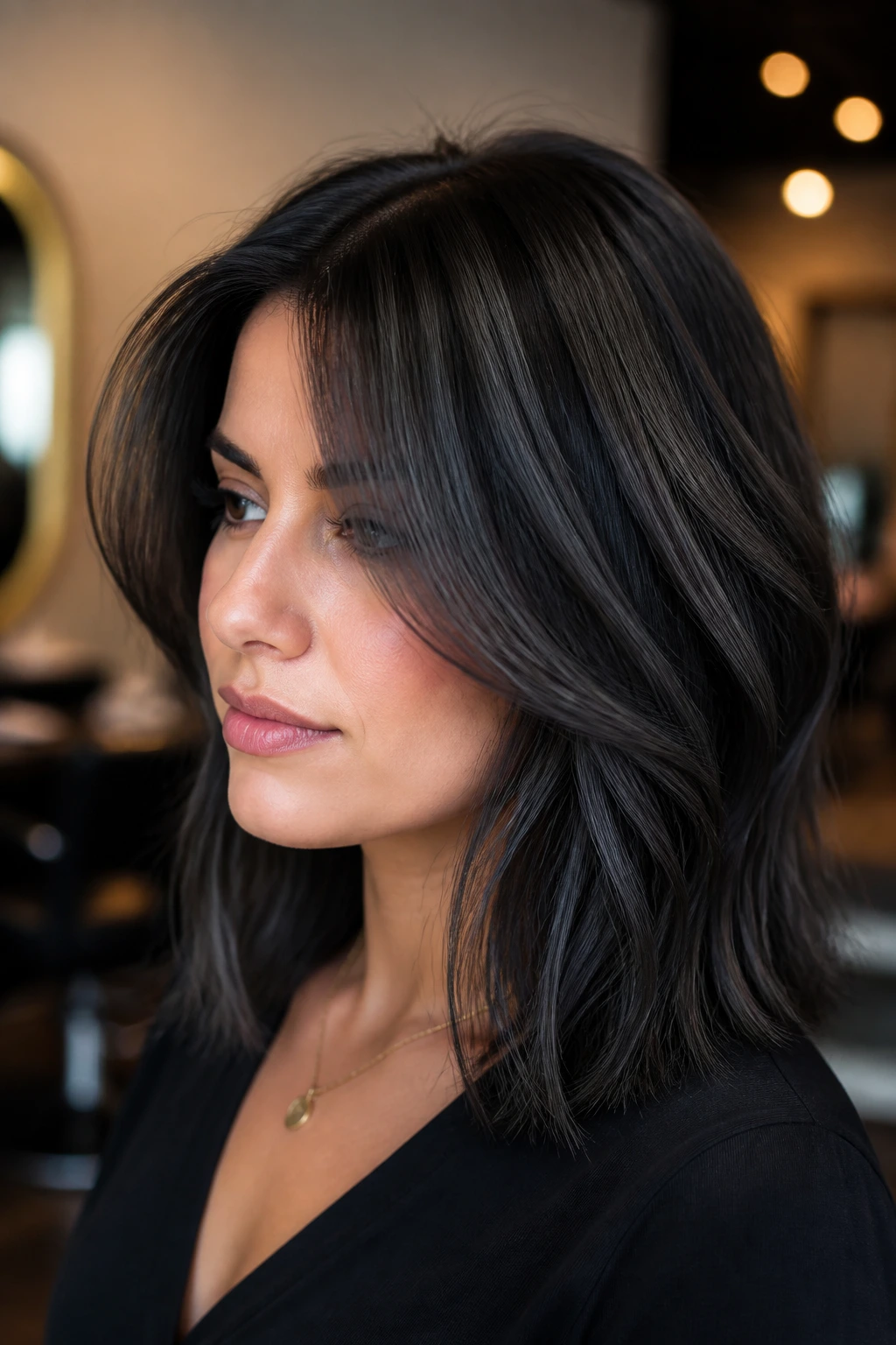 Close-up portrait of a real woman with near-black hair and a charcoal sweep