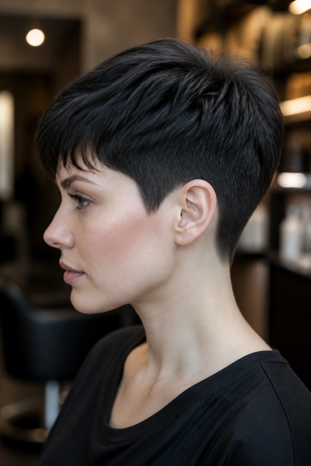 Close-up portrait of a person with a charcoal tapered cut and pale skin.