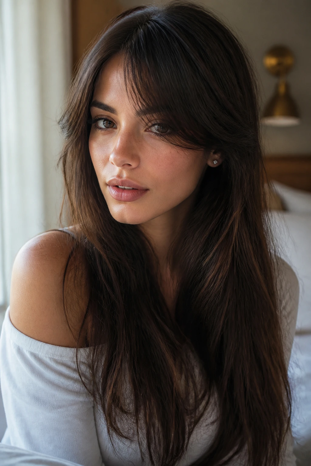 Close-up of a real woman showing a cheekbone arc fringe curving along the cheekbone.