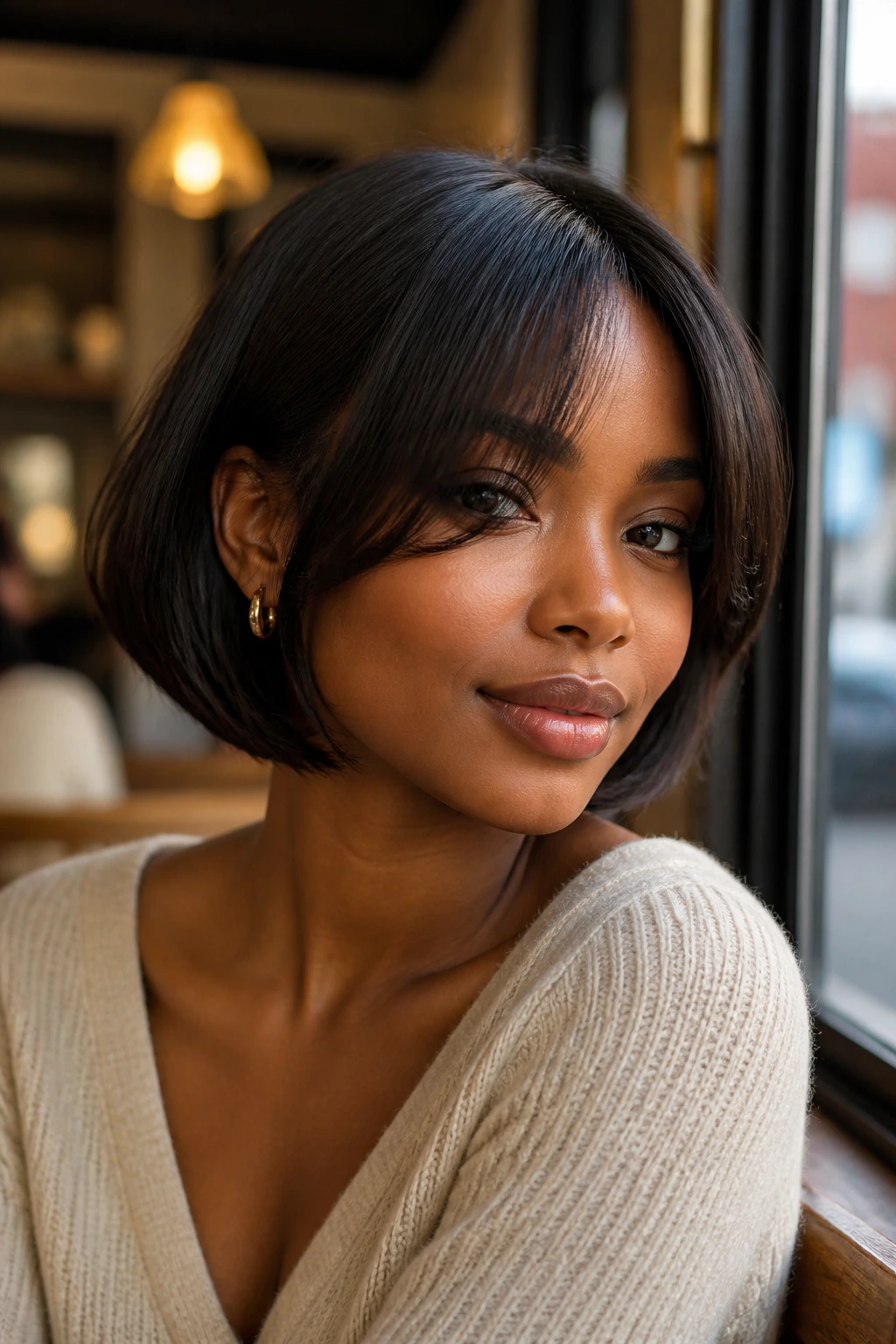 Portrait of a real woman with cheekbone-skimming bob and long bangs.