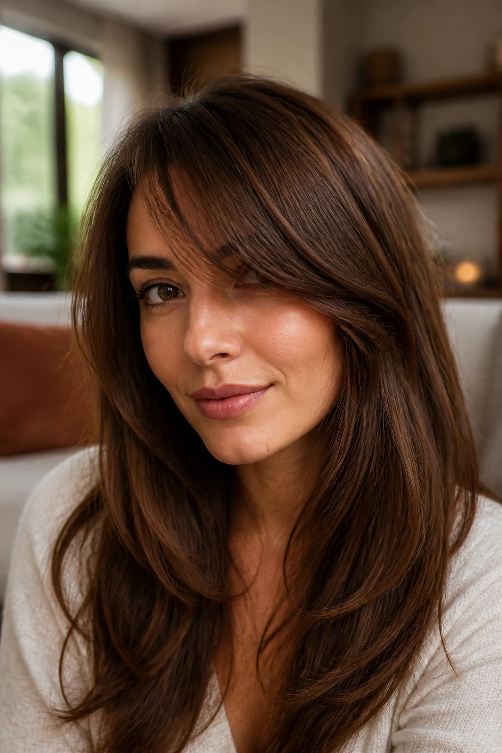 Close-up of a woman with soft chestnut sweep and cheekbone bangs in natural light