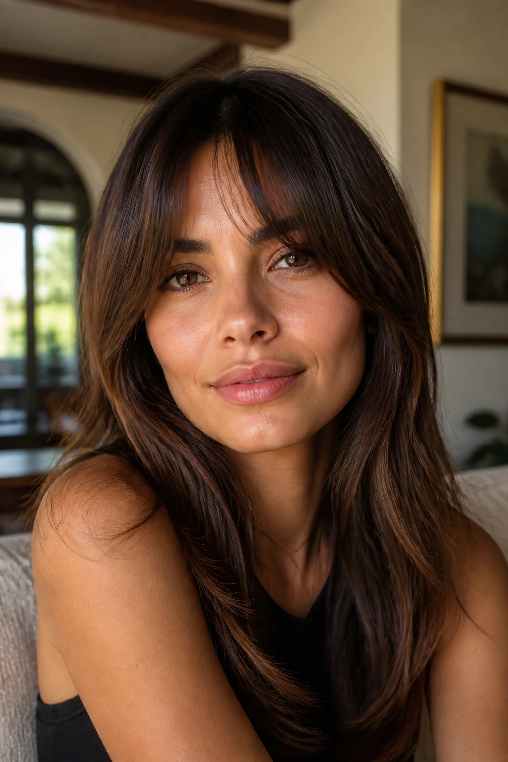 Portrait of woman with cheekbone-grazing bangs