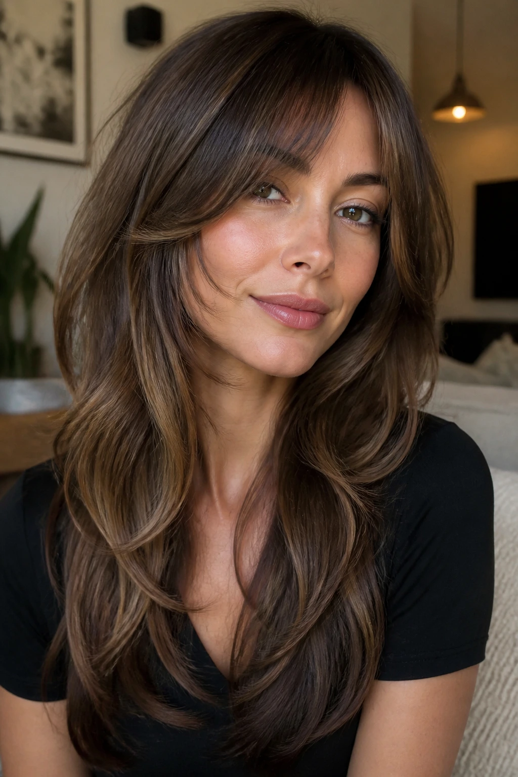 Close-up of a real woman with cheekbone bangs and V-cut layers framing the face