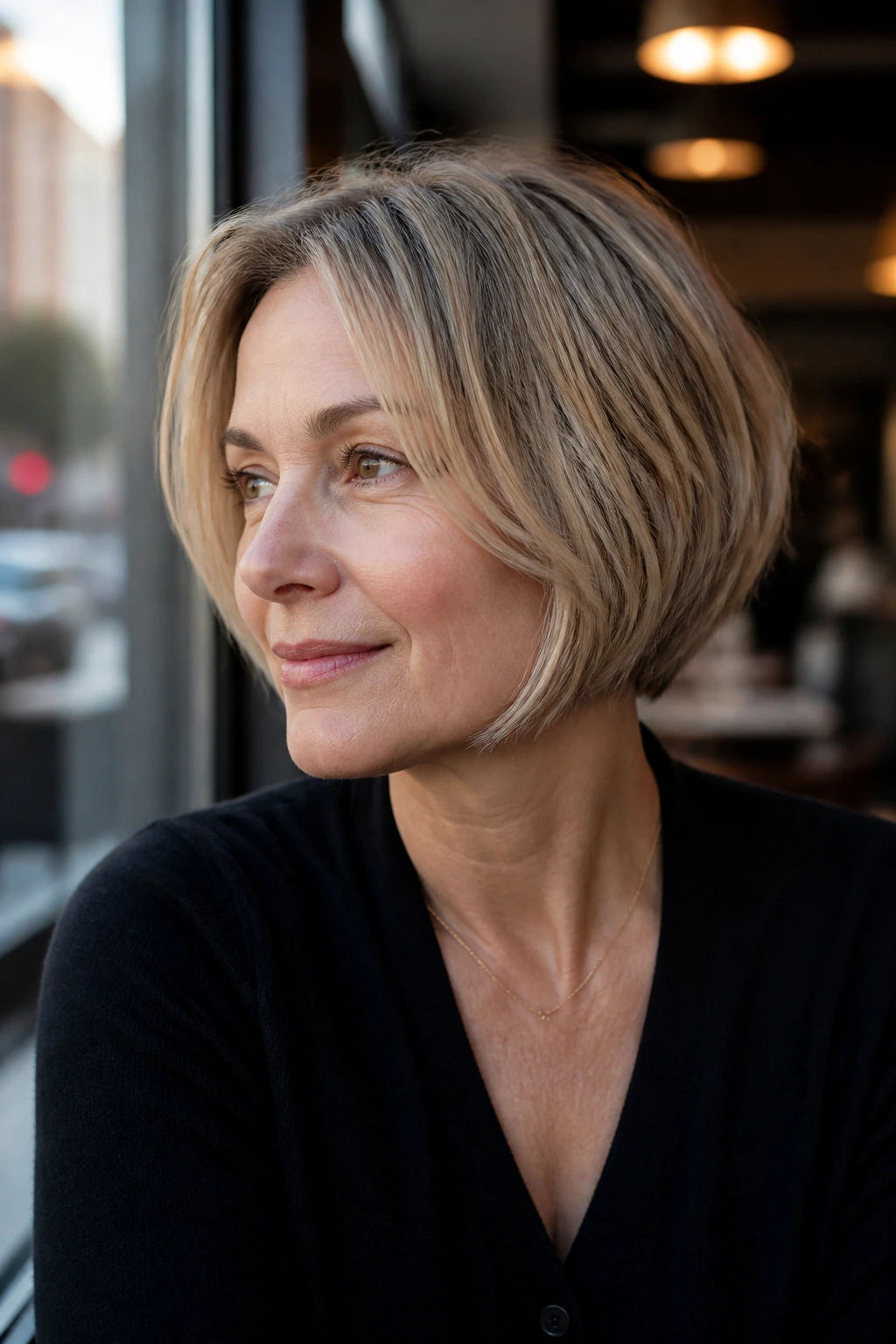 Close-up of a real woman with cheekbone-skimming chin-length bob in cafe light