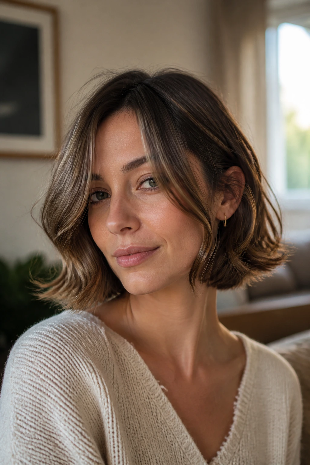 Close-up portrait of a real woman with a cheekbone bob and long fringe grazing the face