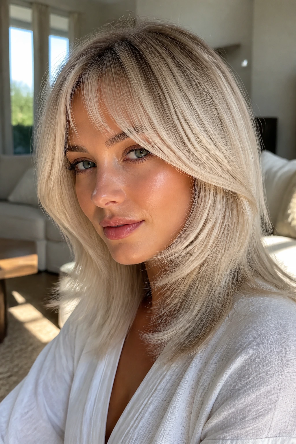 Portrait showing cheekbone-centered bright icy blonde with soft fringe