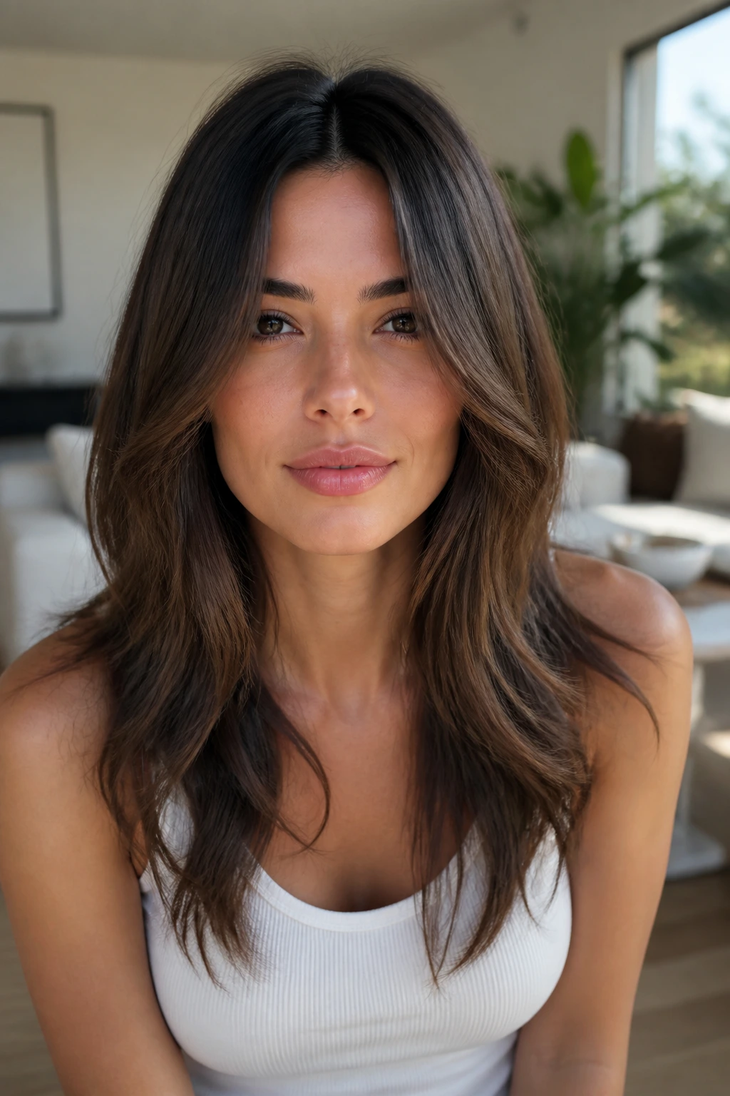 Real woman with a cheekbone-focused center-part fringe framing the face