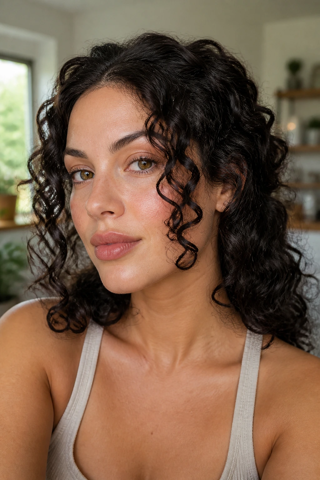 Close-up of a real person with cheekbone-framing curls at the front