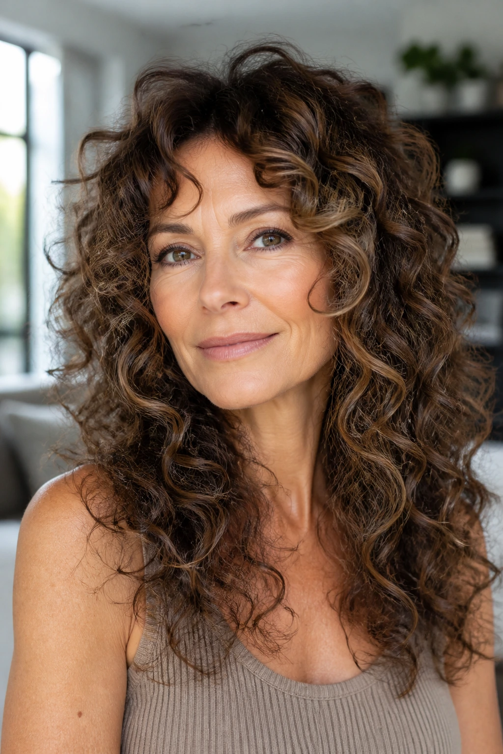 Close-up of real woman with cheekbone-framed curly layers