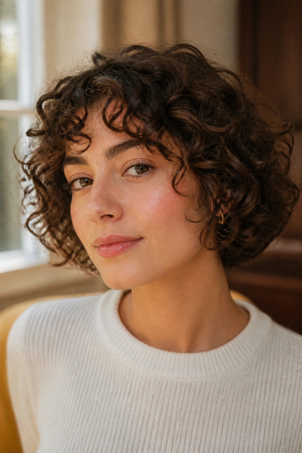 Close-up portrait of a woman with cheekbone-skimming curly bob framing the face