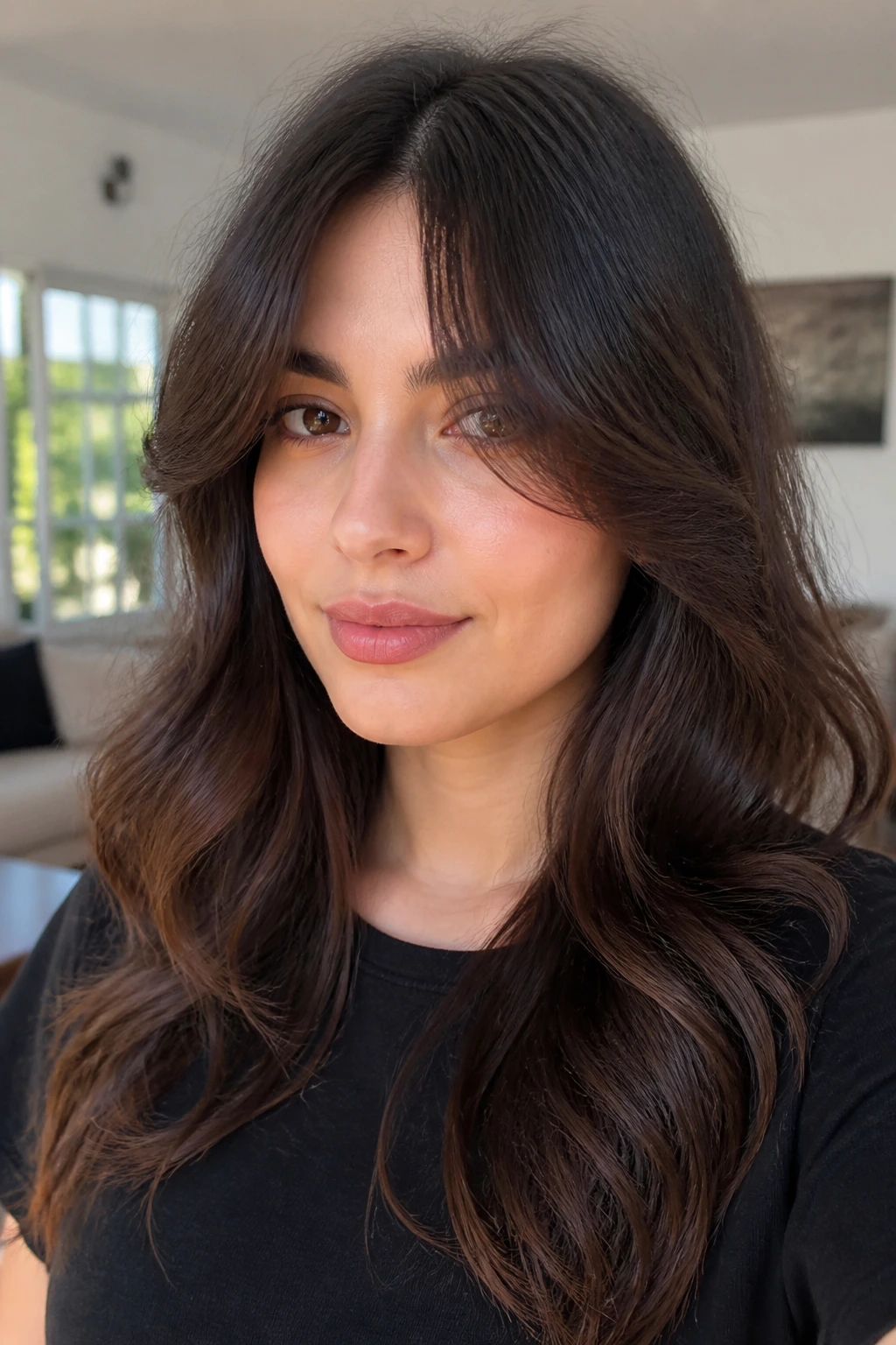 Close-up of a real woman with center-split curtain bangs brushing the cheekbones