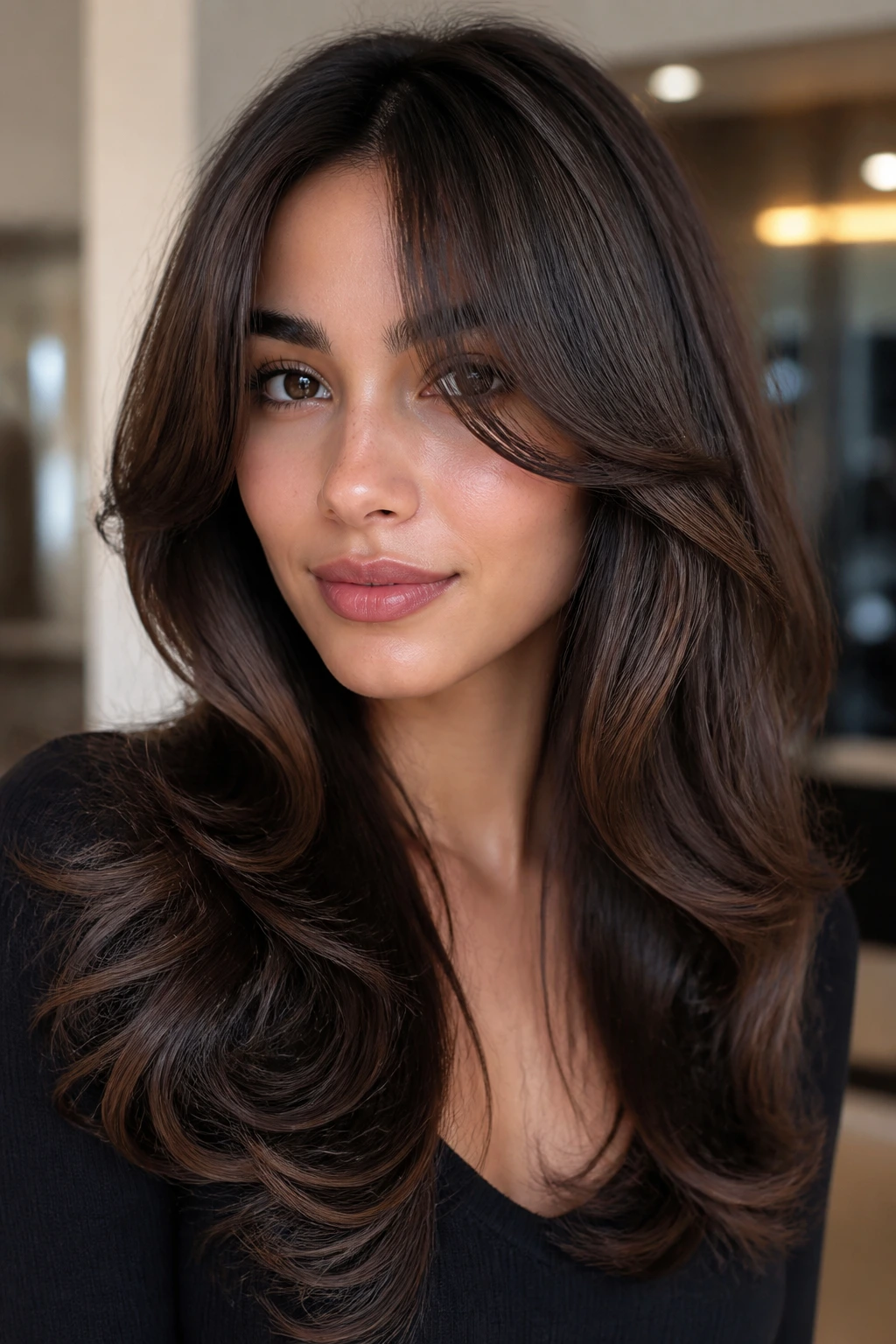 Close-up portrait of a real person with cheekbone-skimming curtain bangs in a salon blowout setting