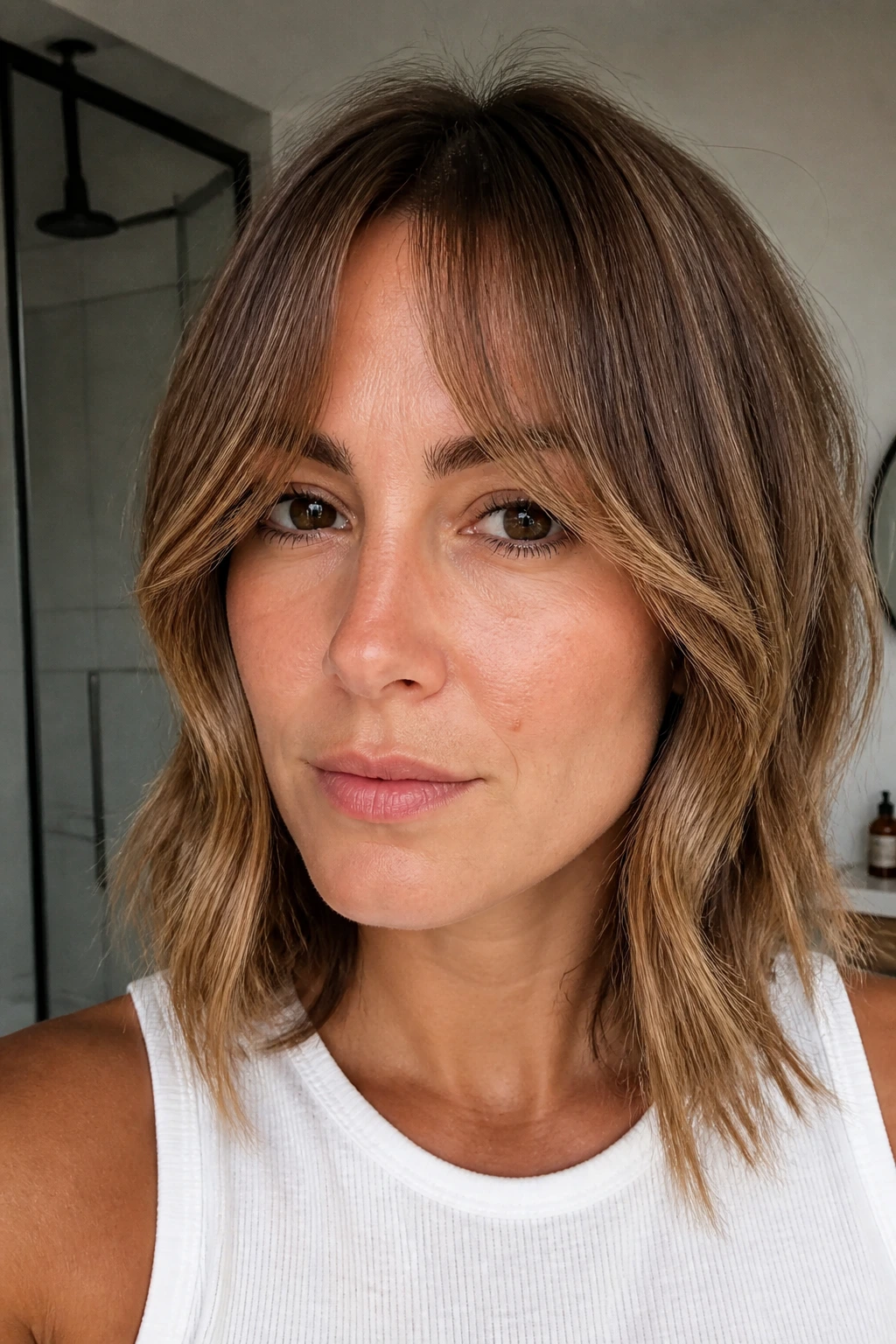 Close-up of a real person with cheekbone-start curtain bangs