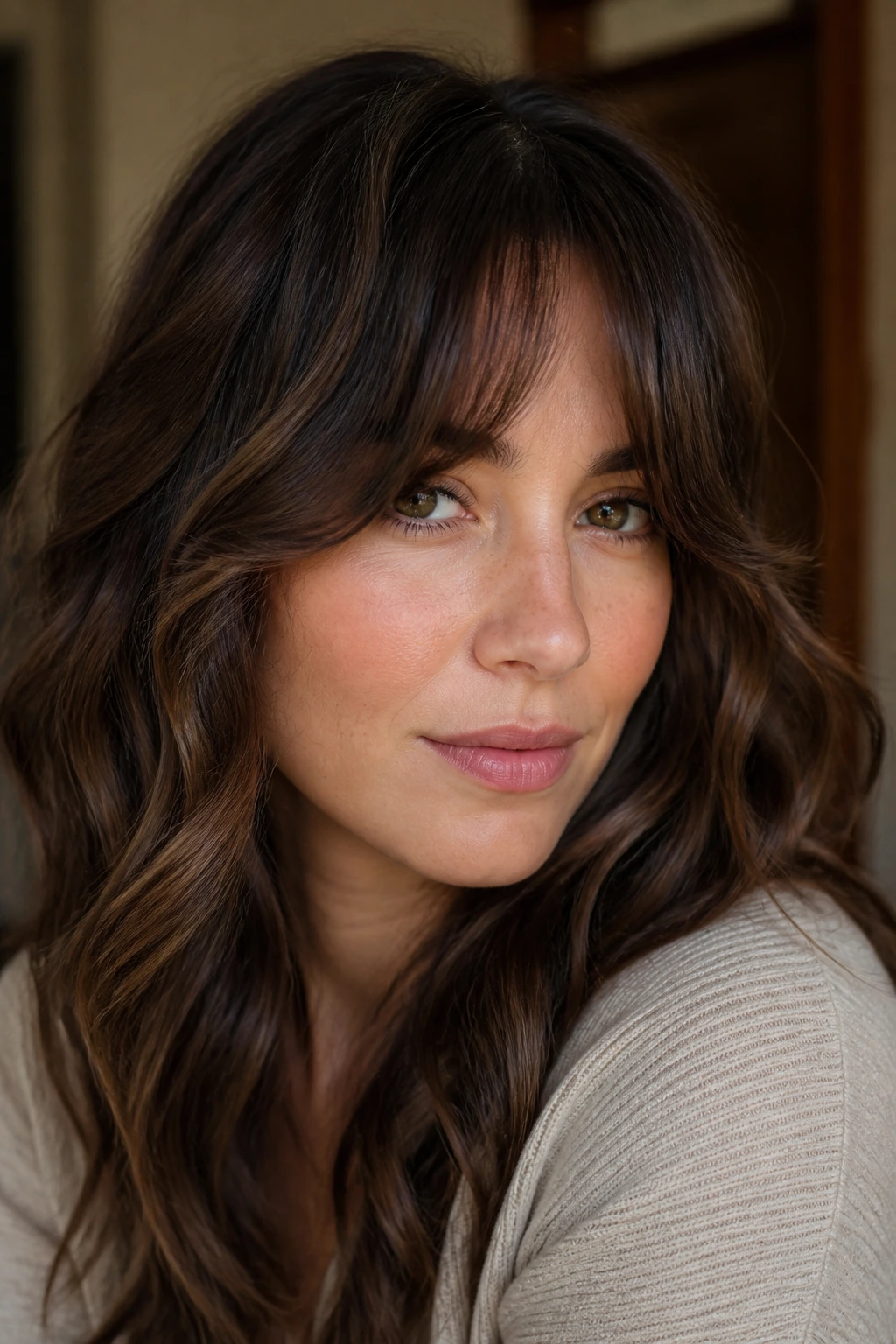 Close-up of a real woman with cheekbone curtain fringe in warm interior light