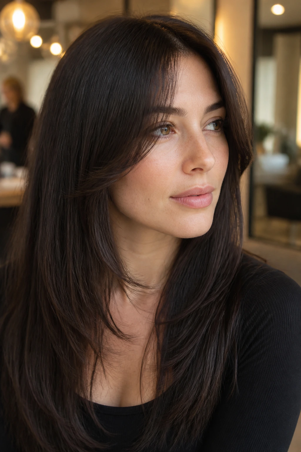 Close-up of a real woman with cheekbone curtain layers framing the face