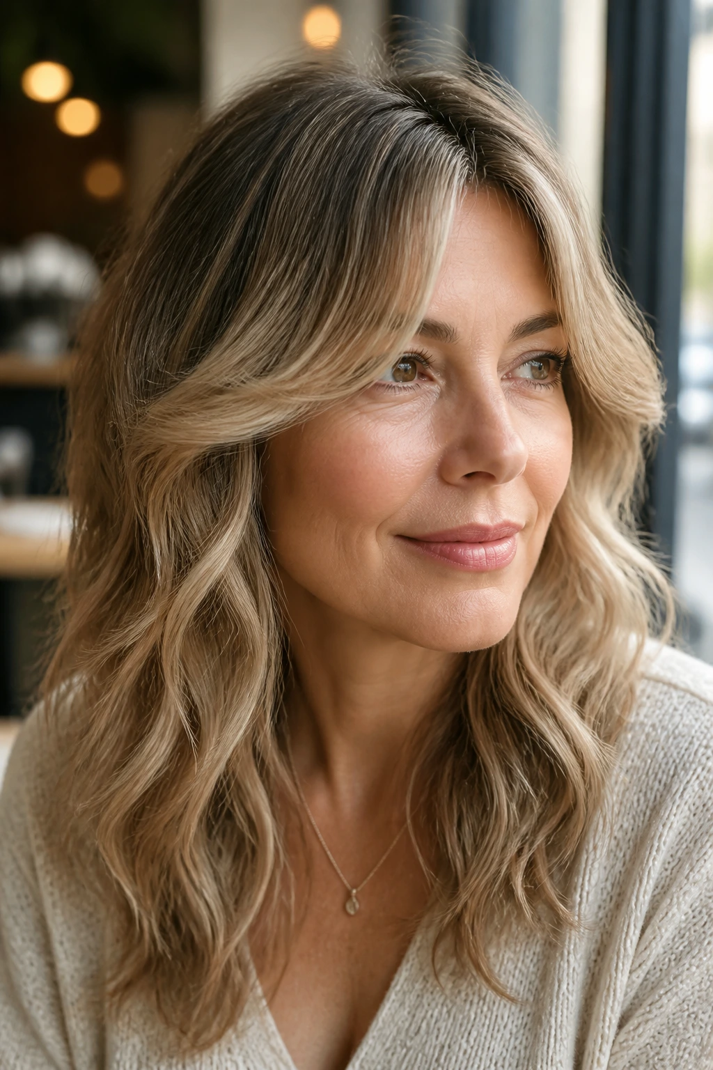 Portrait of a woman with cheekbone curtain layers framing the face