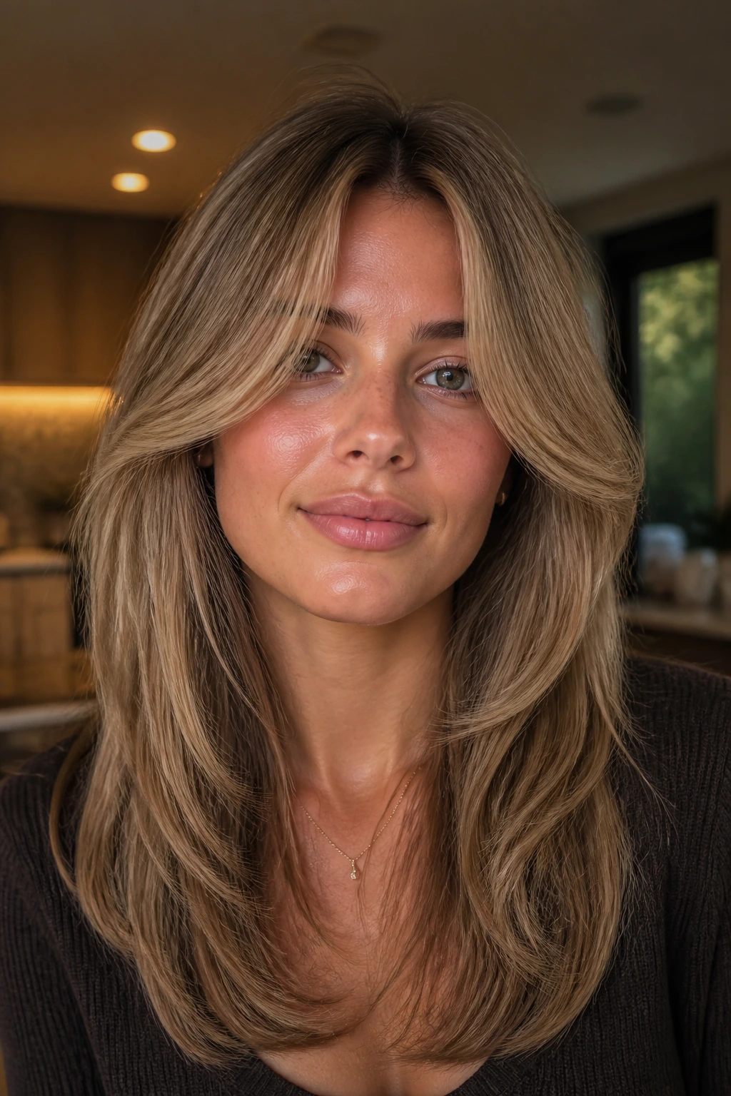 Close-up portrait of a real woman with cheekbone curtain layers framing the face