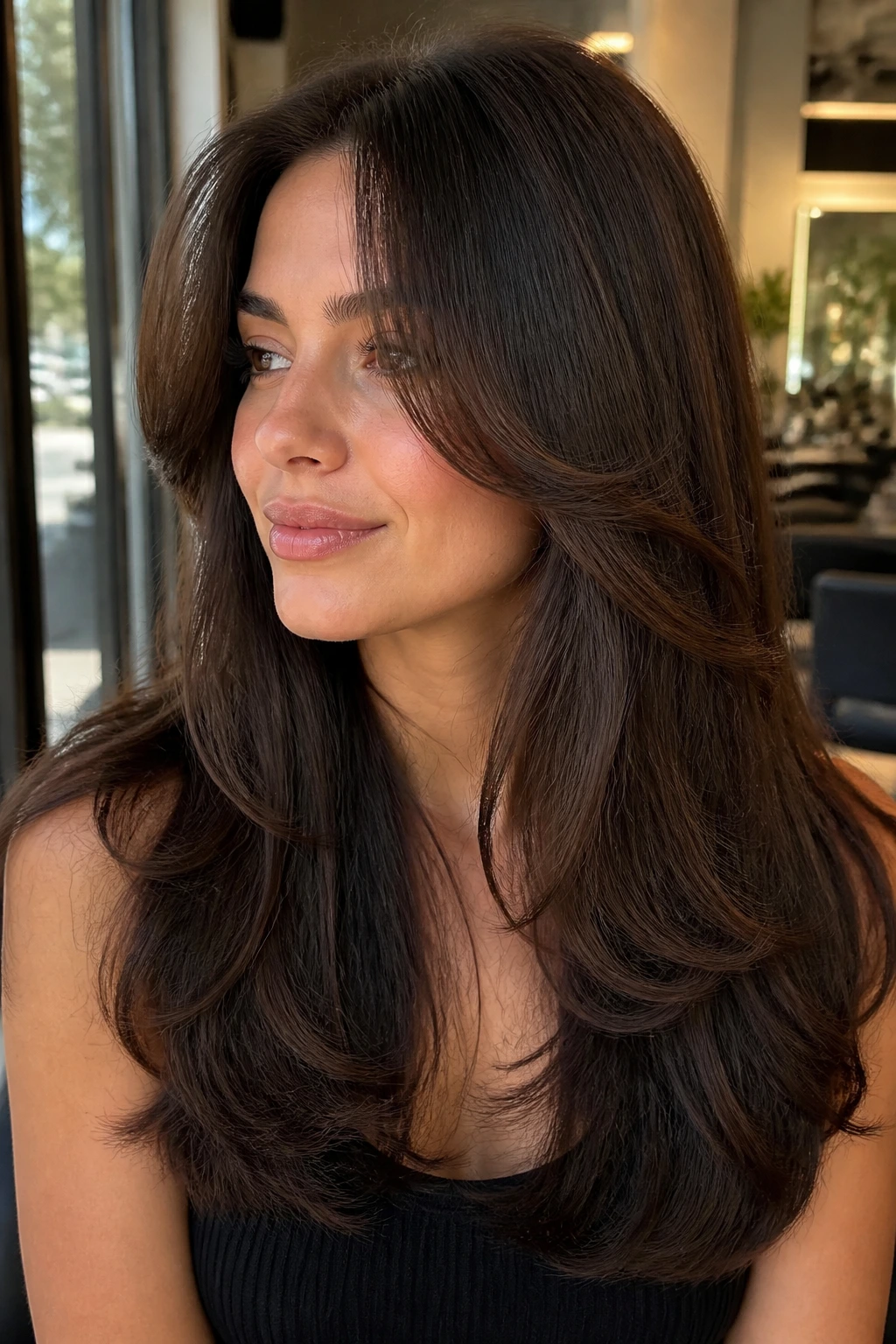 Close-up of thick hair with cheekbone curtain layers framing the cheeks in soft light.
