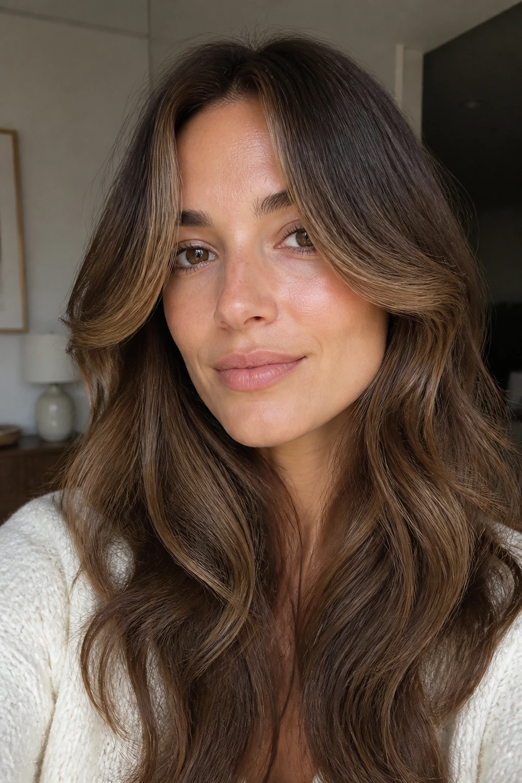 Close-up of a real woman's hair with cheekbone curtain layers framing the face