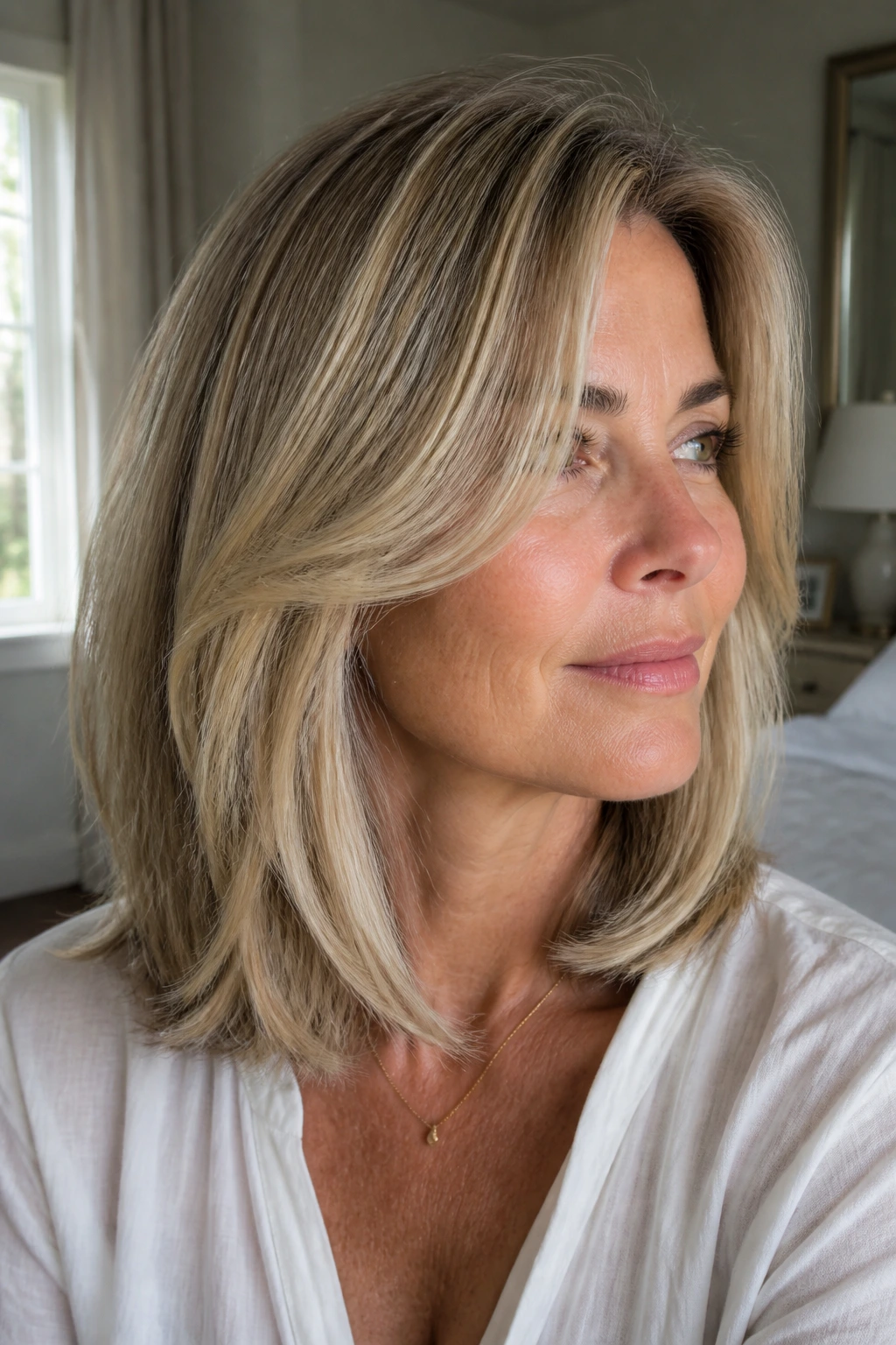 Real woman with cheekbone curtain lob front pieces framing the face.