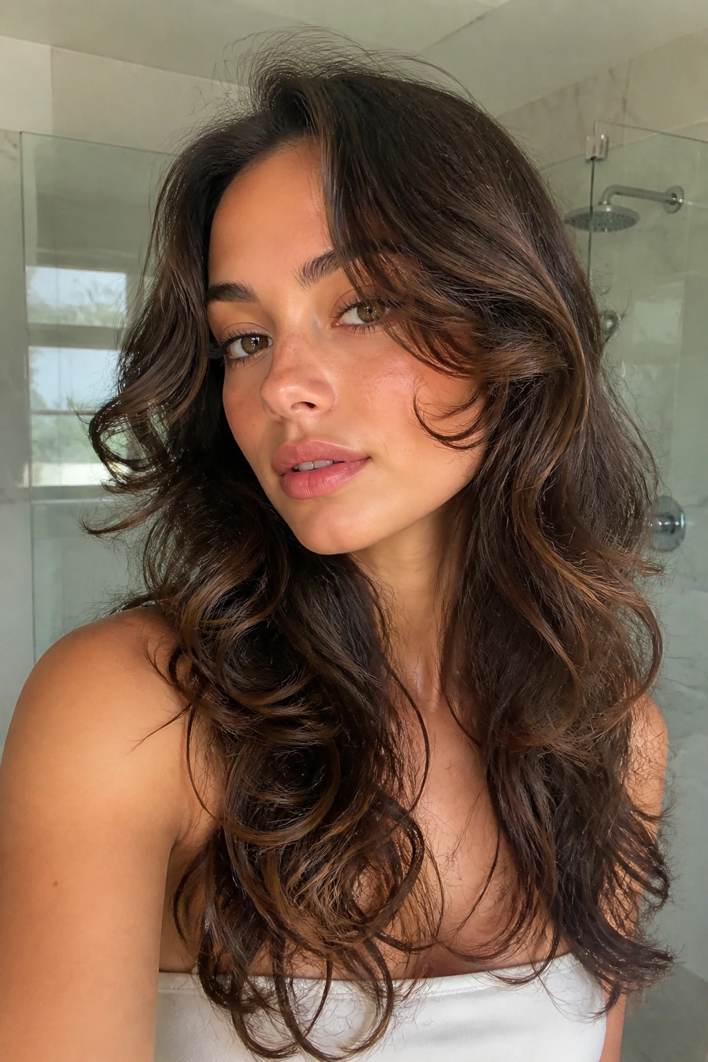 Portrait of a person with cheekbone-grazing face frame curls
