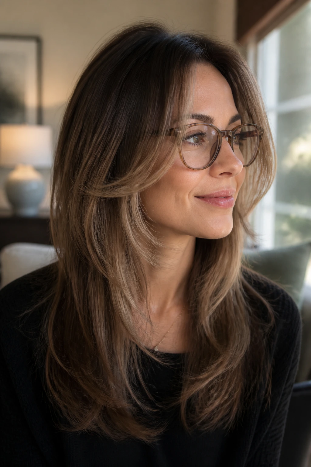 Three-quarter profile of a real woman with cheekbone-starting face frame and feathered front pieces