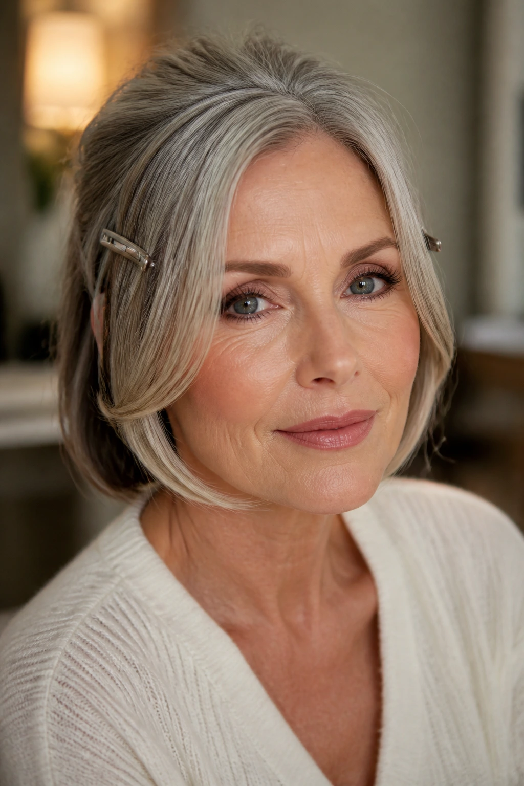 Face-framing cheekbone clip-ins around cheeks on a real woman