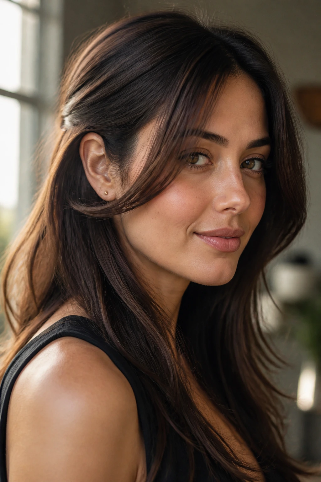 Close-up of a real woman with cheekbone-first face framing, hair tucked behind the ear.