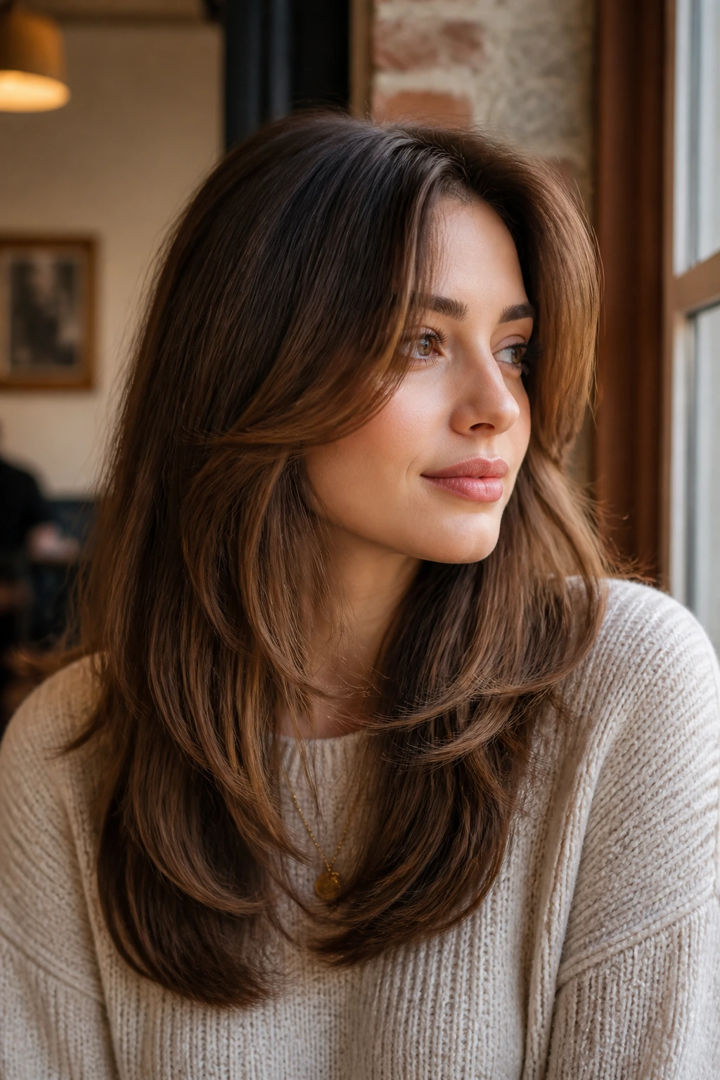 Portrait of a real woman with cheekbone-starting face-framing layers.