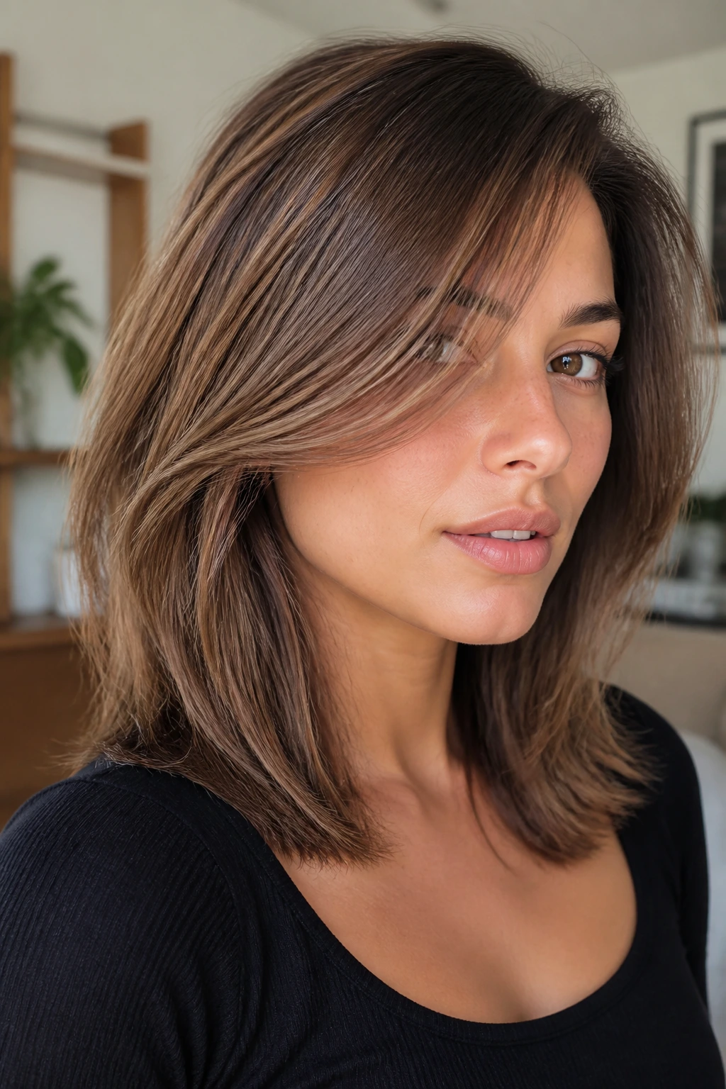 Close-up of a real person with a cheekbone-starting front layer framing the face.
