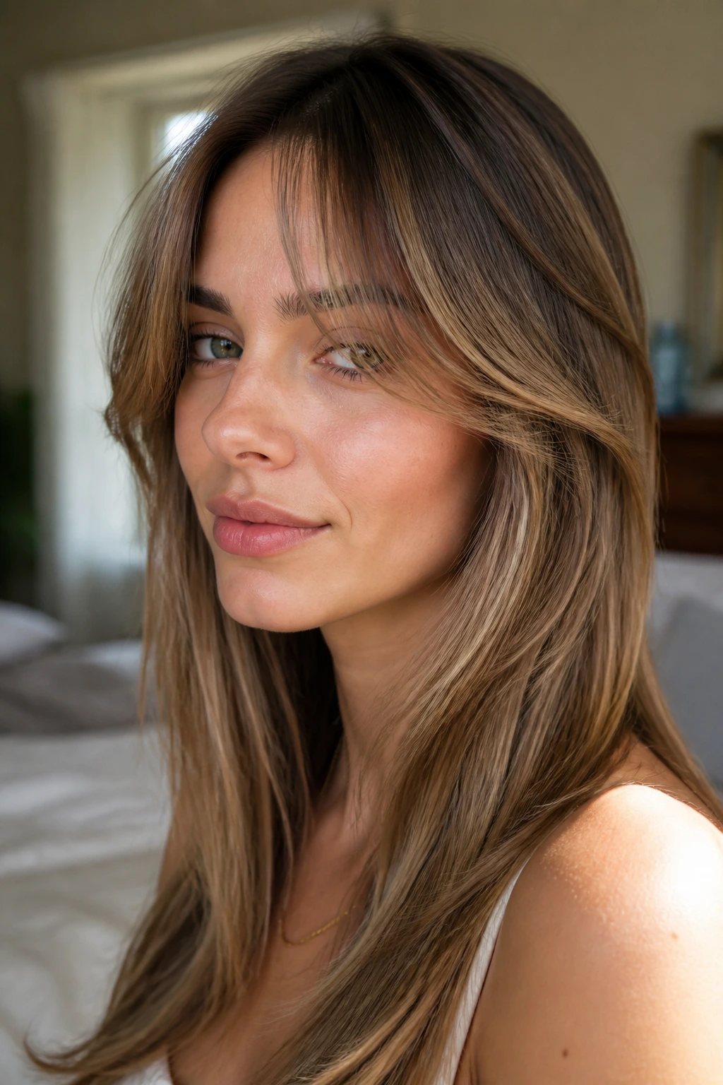 Close-up of a woman with cheekbone feathering and curtain fringe