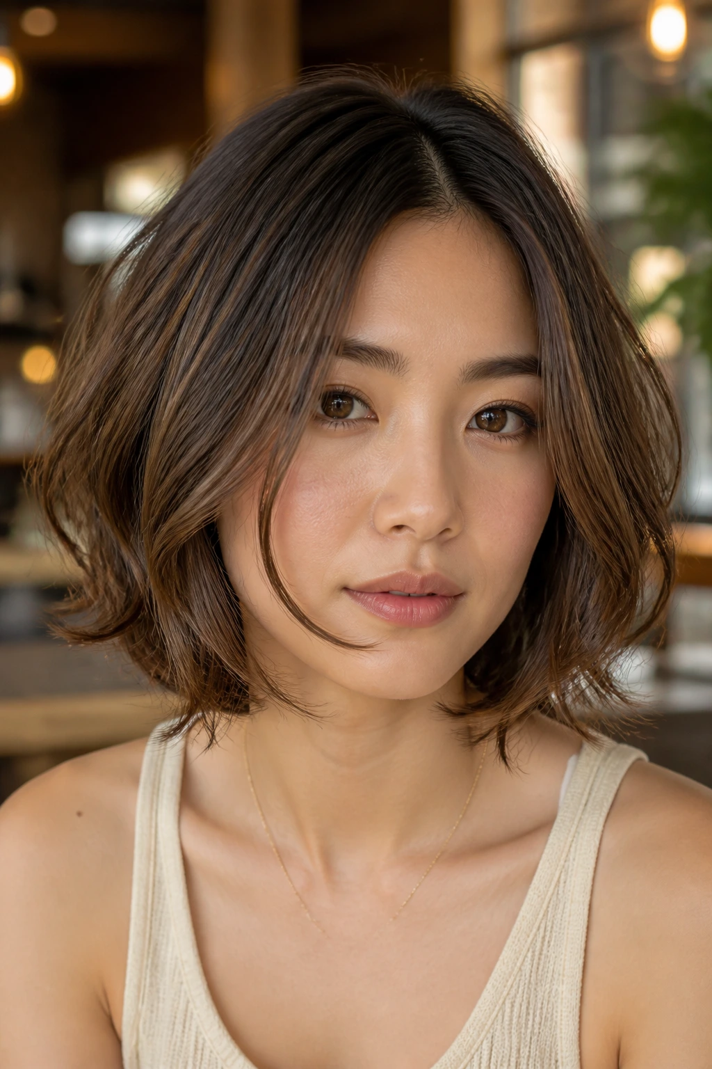Close-up portrait of a real woman with cheekbone-frame layered bob framing the cheeks