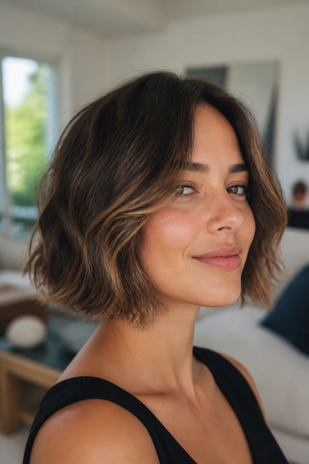 Portrait of a real person with cheekbone-frame layer bob