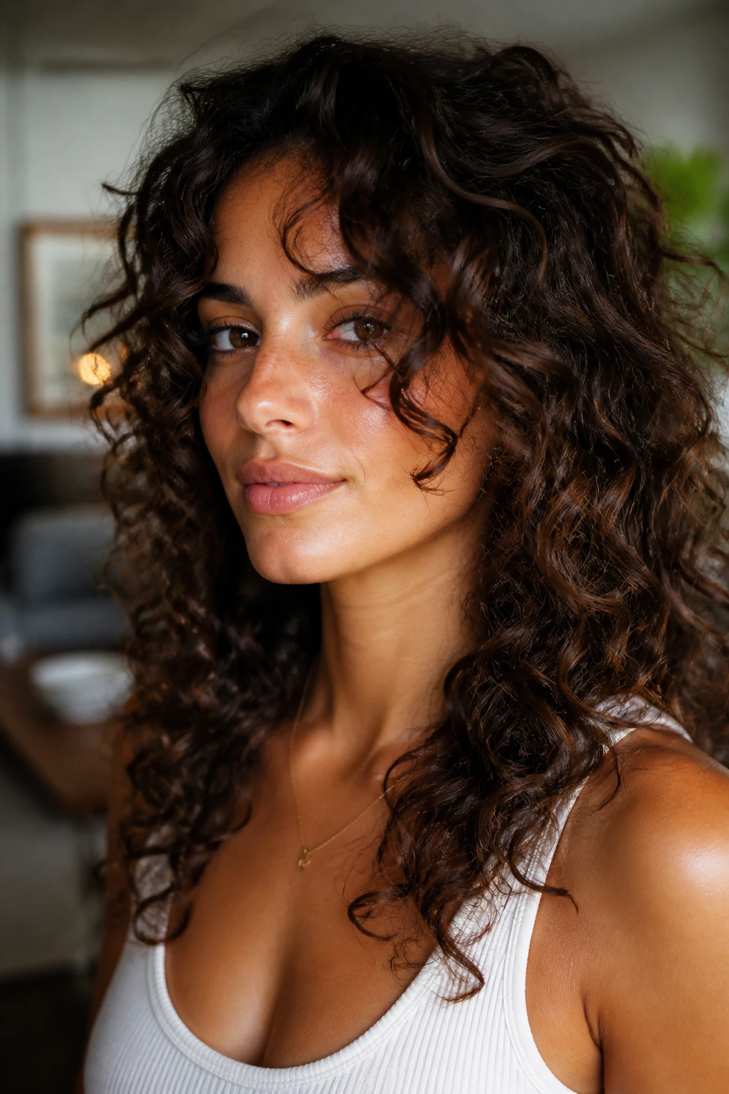 Close-up of a real woman with cheekbone frame layers framing the face.